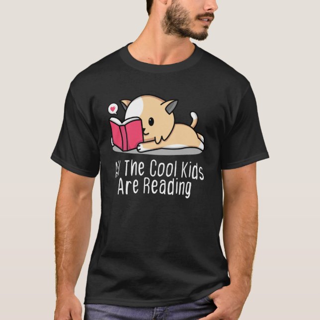 T-shirt All the Cool Kids are Reading Book Cat (Devant)