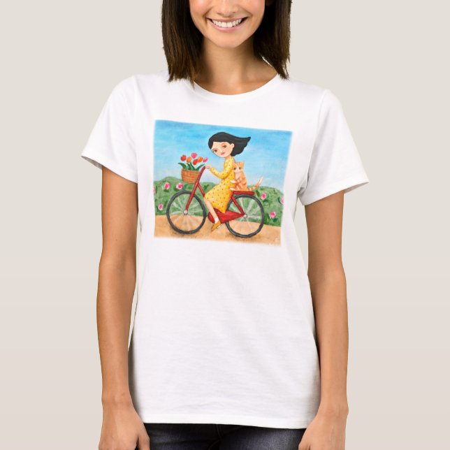 T-shirt Allez à vélo la fille et le chat mignons de (Devant)