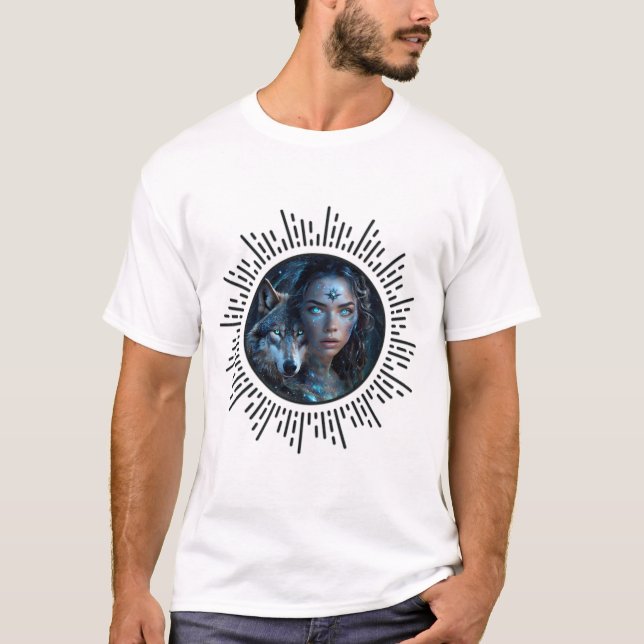 T-shirt Alliance céleste du loup et de la belle femme (Devant)