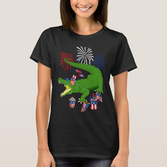 T-shirt Alligator Holding American Flag Sunglasses Happy 4 (Devant)