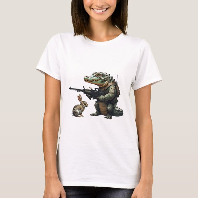 T-shirt Alligator prêt au combat et lapin curieux (Devant)