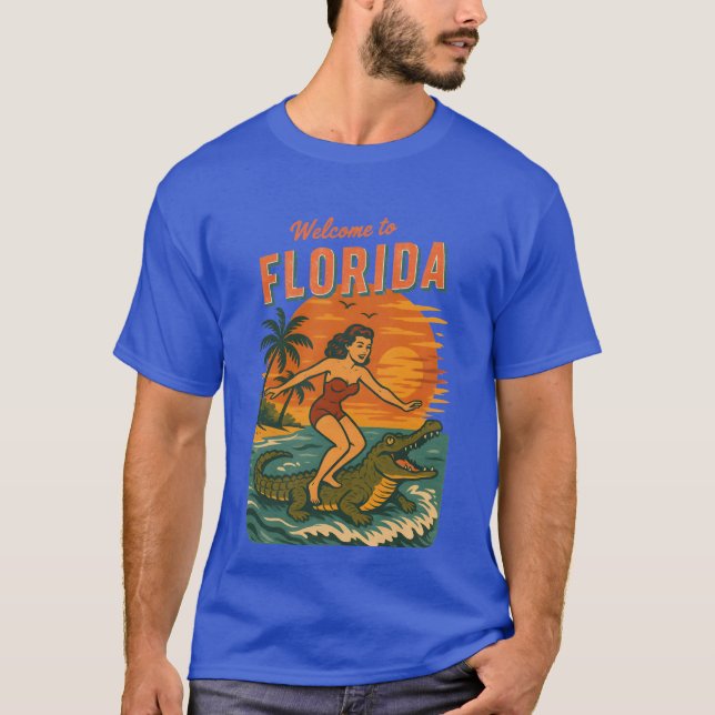 T-shirt Alligator Surfing Beach Pin-up Retro Coastal Life (Devant)