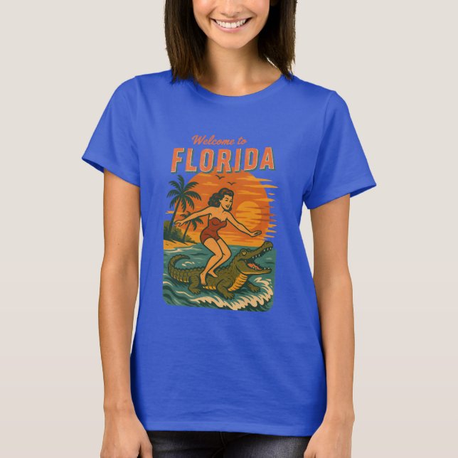 T-shirt Alligator Surfing Beach Pin-up Retro Coastal Life (Devant)