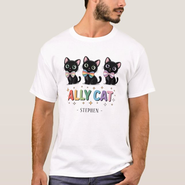 T-shirt Ally Cat - Black Cat LGBTQ Pride (Devant)