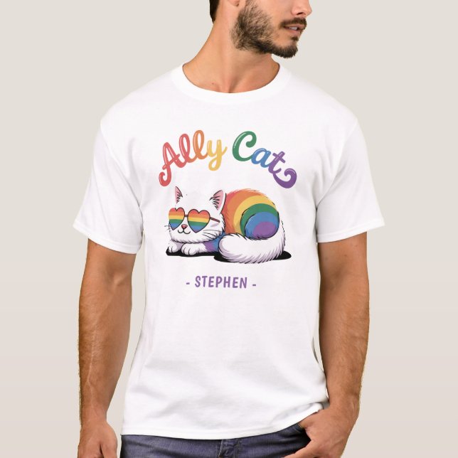 T-shirt Ally Cat - Cute White Cat LGBTQ Pride (2) (Devant)