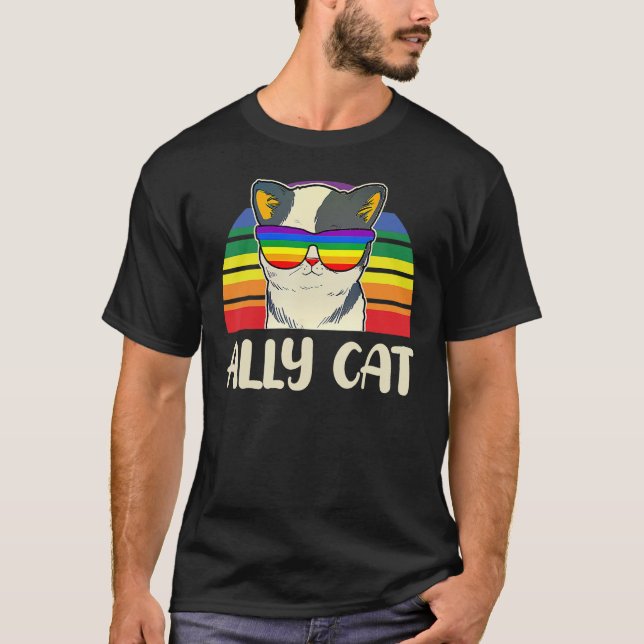 T-shirt Ally Cat Glasses Sunset Rainbow LGBT Gay Lesbian T (Devant)