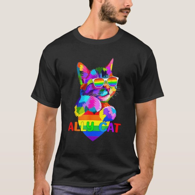 T-shirt Ally Cat LGBT Gay Rainbow Pride Flag Boys Men Girl (Devant)