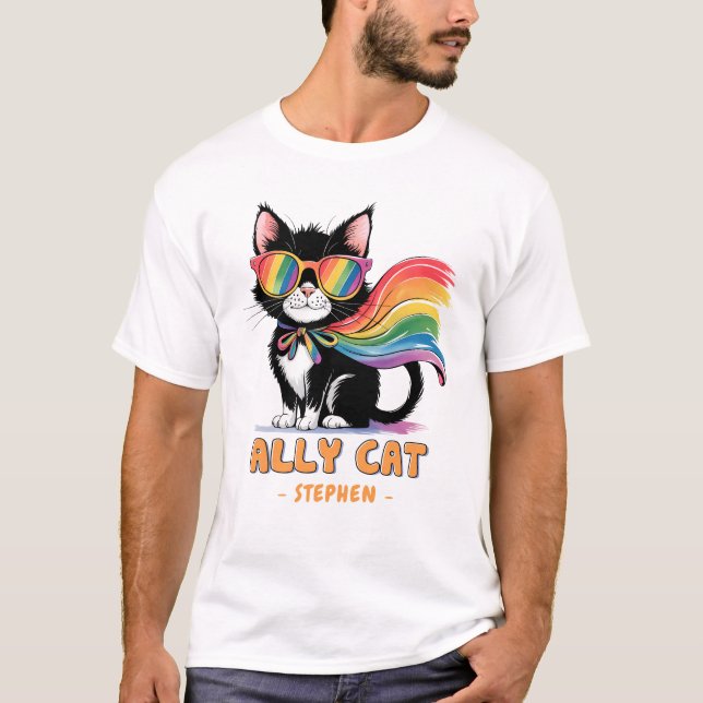 T-shirt Ally Cat - Rainbow Cat LGBTQ Pride (Devant)