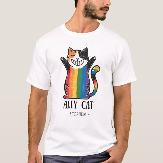 T-shirt Ally Cat - Rainbow Cat LGBTQ Pride (2) (Devant)