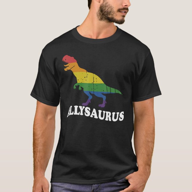 T-shirt Allysaurus dinosaur in rainbow flag for ally LGBT  (Devant)