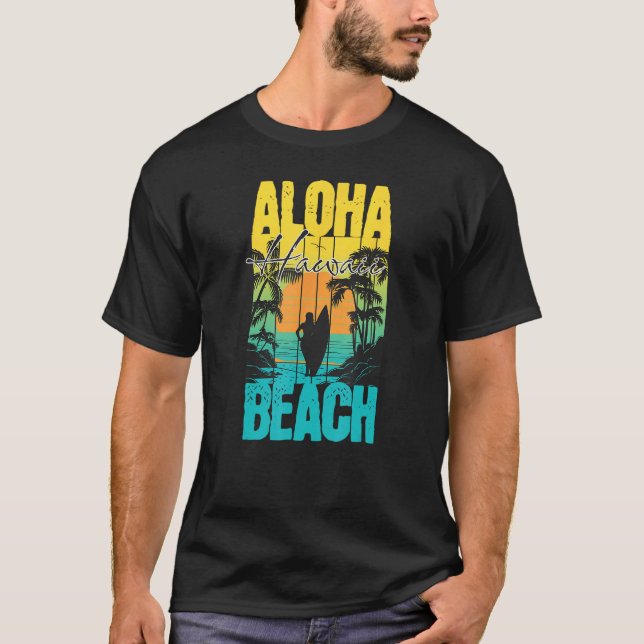 T-shirt Aloha Beach Summer Sunset Surfer Silhouette Men Wo (Devant)