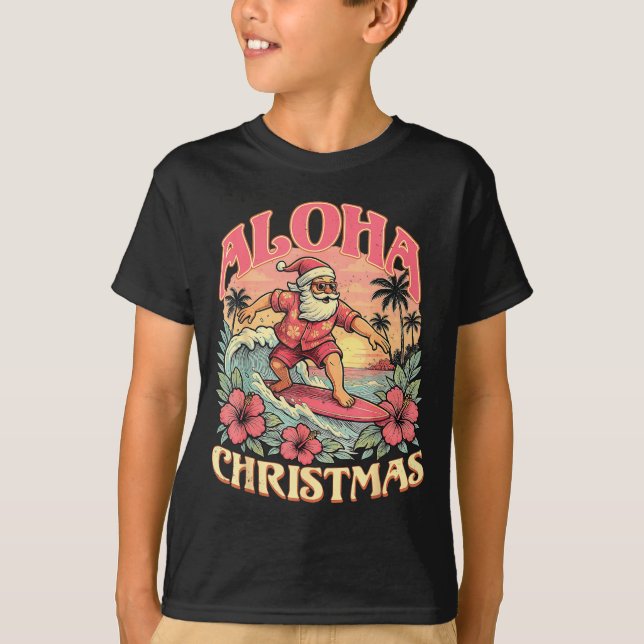 T-shirt Aloha Christmas Santa Claus Surfing Hawaiian Mele  (Devant)