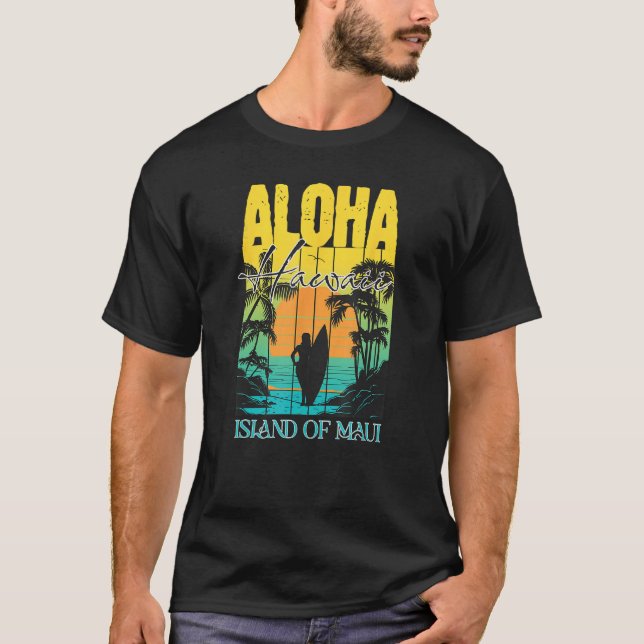 T-shirt Aloha Hawaiian Island Maui Surfer Sunset Palm Tree (Devant)