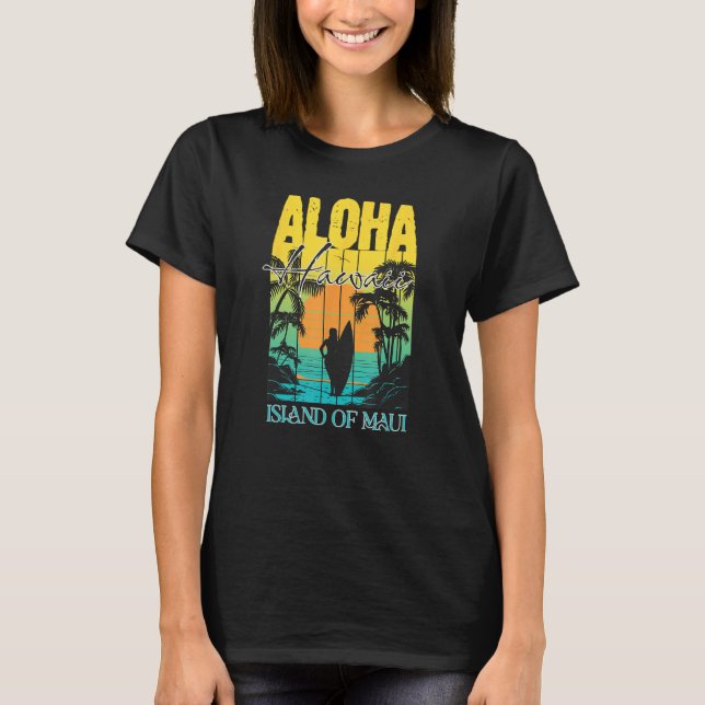 T-shirt Aloha Hawaiian Island Maui Surfer Sunset Palm Tree (Devant)