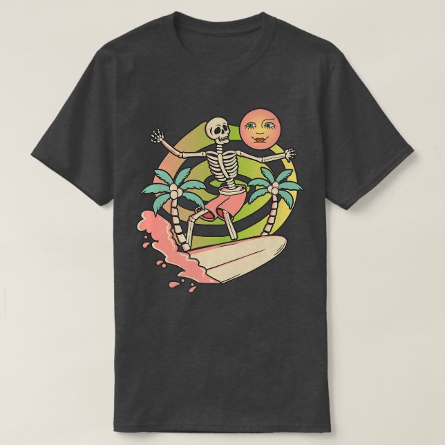 T-shirt Aloha Skeleton Surfboard Wave & Moon Graphique (Design devant)