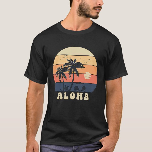 T-shirt Aloha Surfing Hawaiian Vacation Sunset Palm Tree T (Devant)