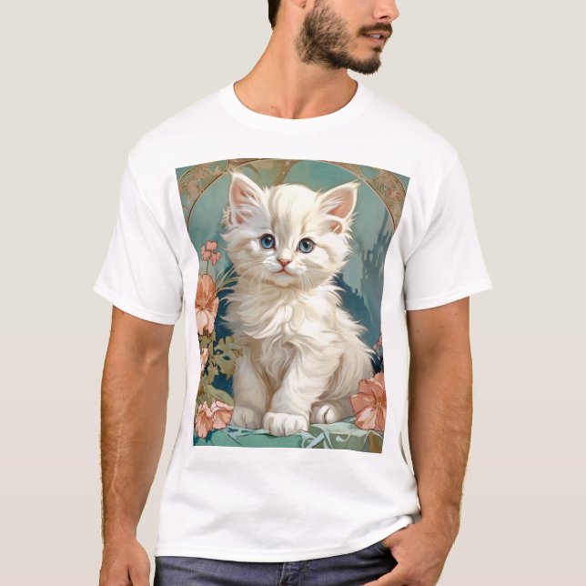 T-shirt Alphonse Mucha Style Chat blanc (Devant)