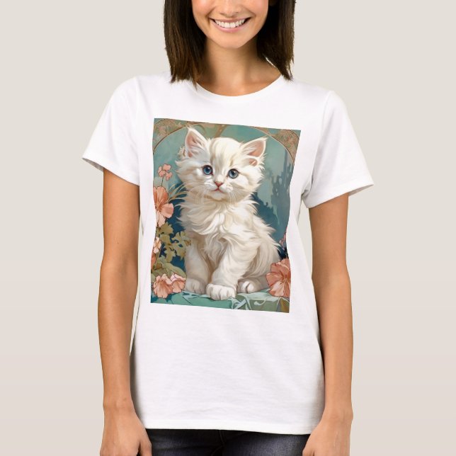 T-shirt Alphonse Mucha Style Chat blanc (Devant)