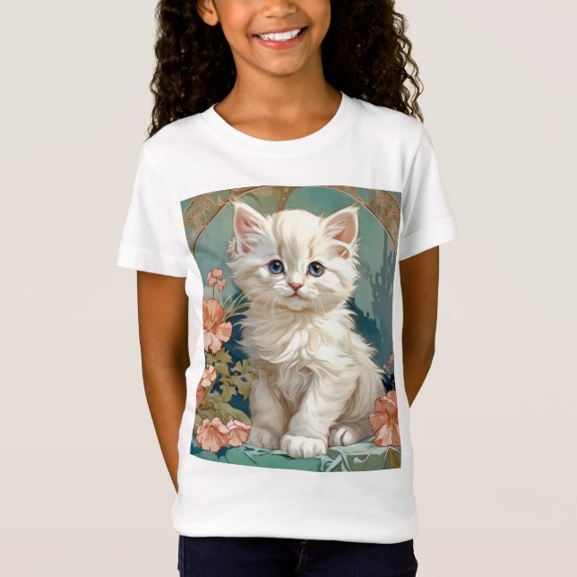 T-Shirt Alphonse Mucha Style Chat blanc (Devant)