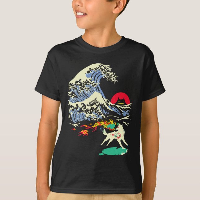 T-shirt Amaterasu Sun God Wolf The Great Wave Video Game 3 (Devant)