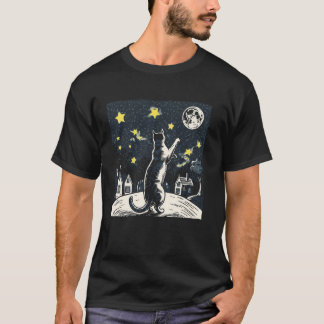 T-shirt Amateur de Chat Atteignant les Étoiles Lune Ciel C