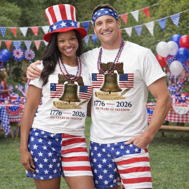 T-shirt America 250 Liberty Bell Unisex (Couple wearing matching America 250 Liberty Bell T-shirts perfect for America's birthday )