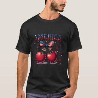 T-shirt America Cherries Cerry Bow Juillet 4 Usa Drapeau