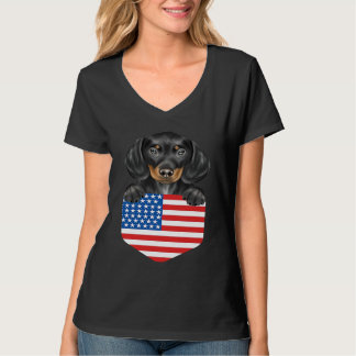 T-shirt America Flag Black Dachshund Dog In Pocket