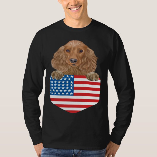 T-shirt America Flag Cocker Spaniel Dog In Pocket (Devant)