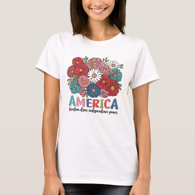 T-shirt America Floral Patriotic Retro Flower Design (Devant)