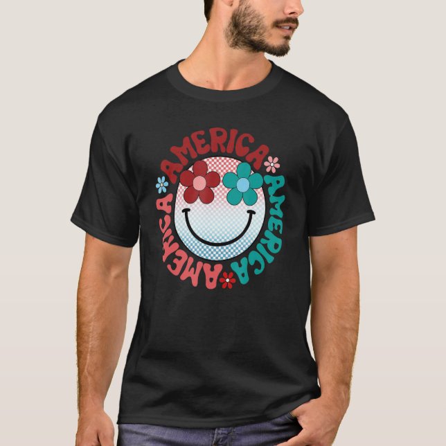 T-shirt America Vibes Happy Face Smile Flower American 4th (Devant)