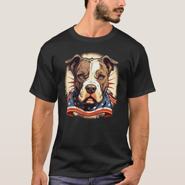 T-shirt Américain Pitbull Terrier drôle avec drapeau améri (Devant)