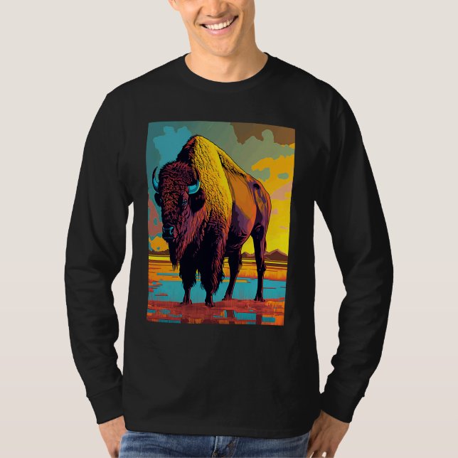 T-shirt American Buffalo Animal Pop Bison Grilling (Devant)