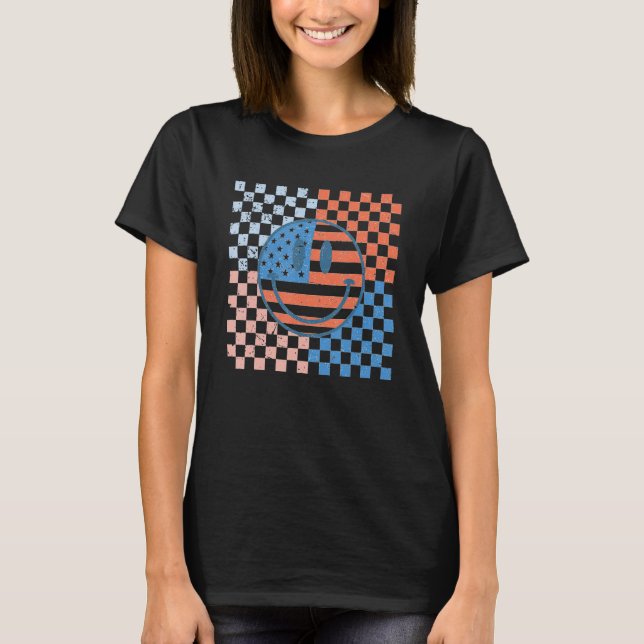 T-shirt American Checkered Flag Smile Face Retro 4th Of Ju (Devant)