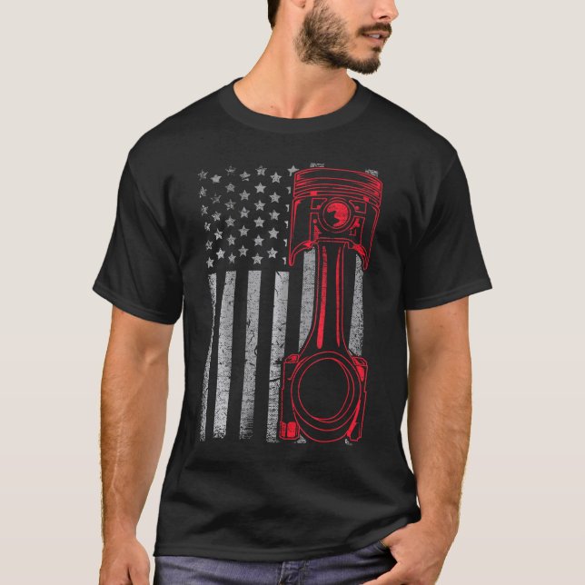 T-shirt American Drapeau Piston Funny Muscle Car Mécanique (Devant)