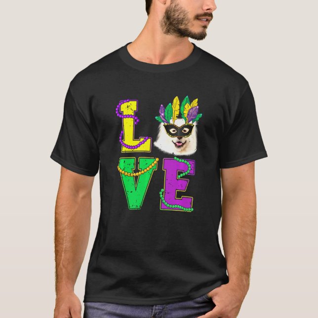T-shirt American Eskimo Chien I Love Puppy Mardi Gras Homm (Devant)