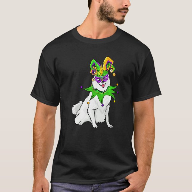 T-shirt American Eskimo Chien Mardi Gras Masque Casquette  (Devant)