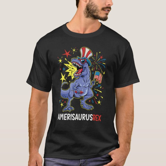 T-shirt American Flag 4th of July T Rex Dinosaur Amerisaur (Devant)