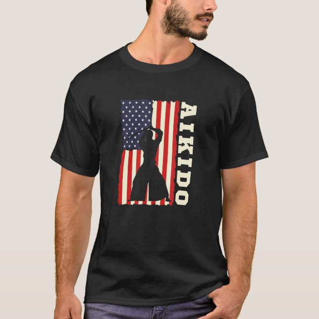 T-shirt American Flag Aikido Japanese Martial Art Combat S (Devant)