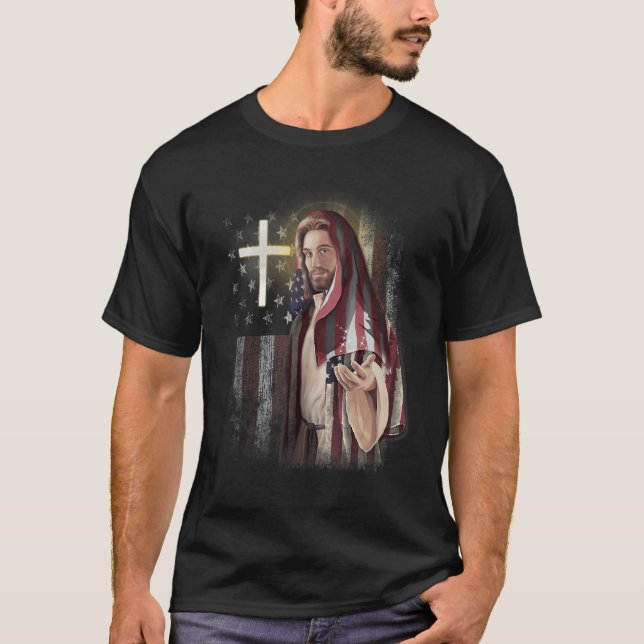 T-shirt American Flag And Jesus Happy Independence Day 4th (Devant)