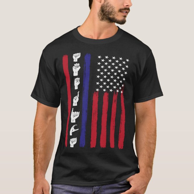 T-shirt American Flag ASL American Sign Language America U (Devant)