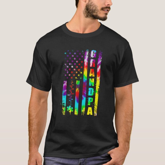 T-shirt American Flag Autism Aware Grandpa Support Tie (Devant)