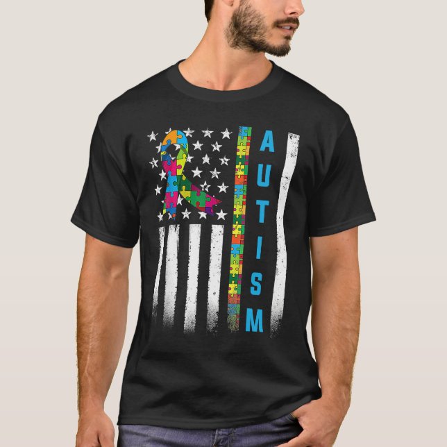 T-shirt American Flag Autism Awareness Teacher Mom Support (Devant)