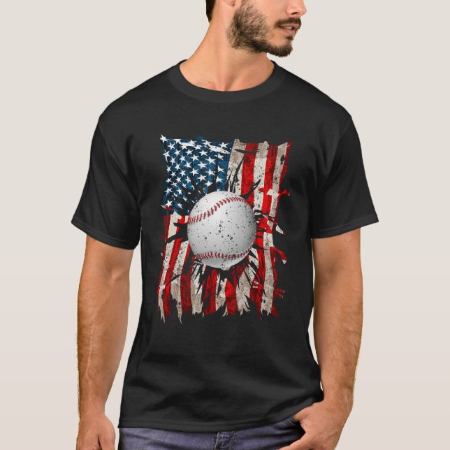 T-shirt American Flag Baseball Red White Blue 4th of July  (Devant)