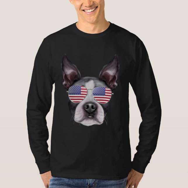 T-shirt American Flag Boston Terrier Dog America Pocket (Devant)