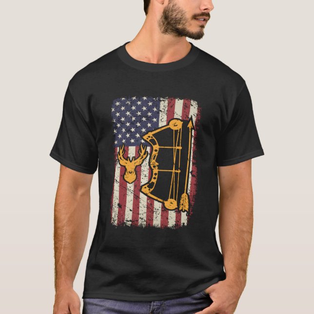 T-shirt American Flag Bowhuning Bow Archery Usa Deer Hunt (Devant)