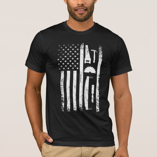 T-shirt American Flag Carpenter Tools Woodworker Crafsman (Devant)