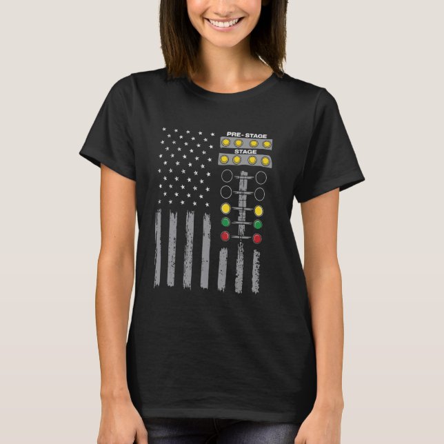 T-shirt American Flag Drag Strip Auto Tree Light Racecar (Devant)