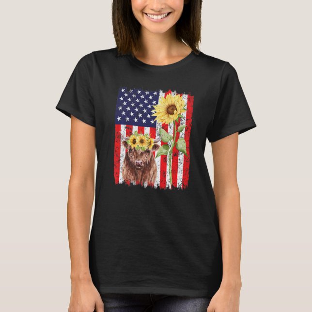 T-shirt American Flag Farm Cow Sunflower Farming Highland (Devant)