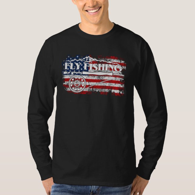 T-shirt American Flag Fishing Fly Fishing Mountain and USA (Devant)